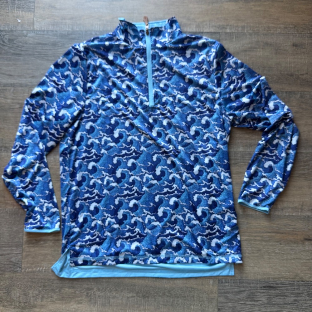 USA Palm Large 1/4 Zip Performance Pullover Blue Great Wave Ocean AOP Reversible
